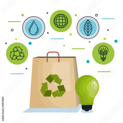 Paper bag with arrow recycle symbol lighbulb and ecofriendly icons over white background vector illustration