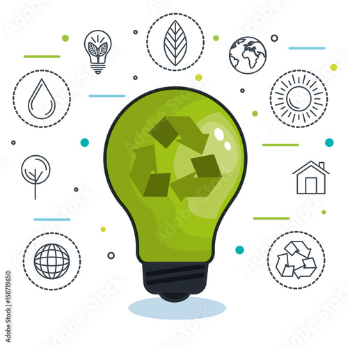Paper bag with arrow recycle symbol lighbulb and ecofriendly icons over white background vector illustration