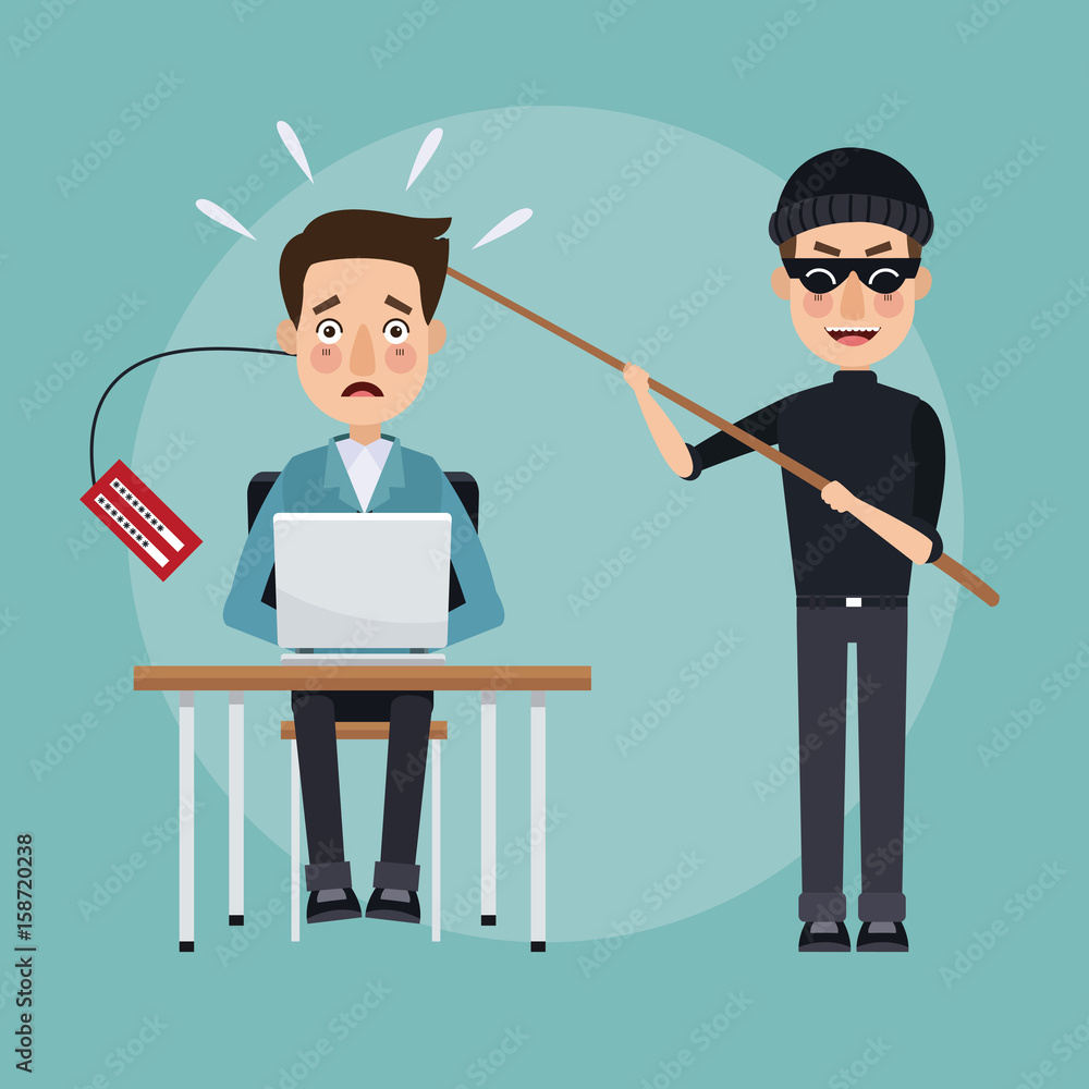 scene color programmer man in desk with laptop and thief man hacker stealing information vector illustration scene color programmer man in desk with laptop and thief man hacker stealing information vector illustration