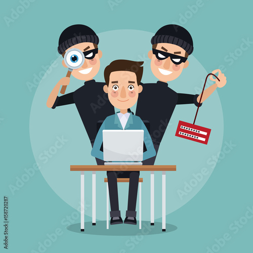 scene color programmer man in desk with laptop and pair thief men hacker stealing information and spying vector illustration