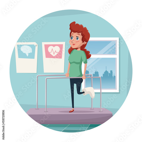 circular frame with color scene hospital room with woman person in rehabilitation medical vector illustration