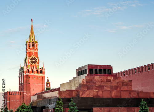 Moscow, Russia. View of the Spasskaya Tower and Lenin's mausoleum photo