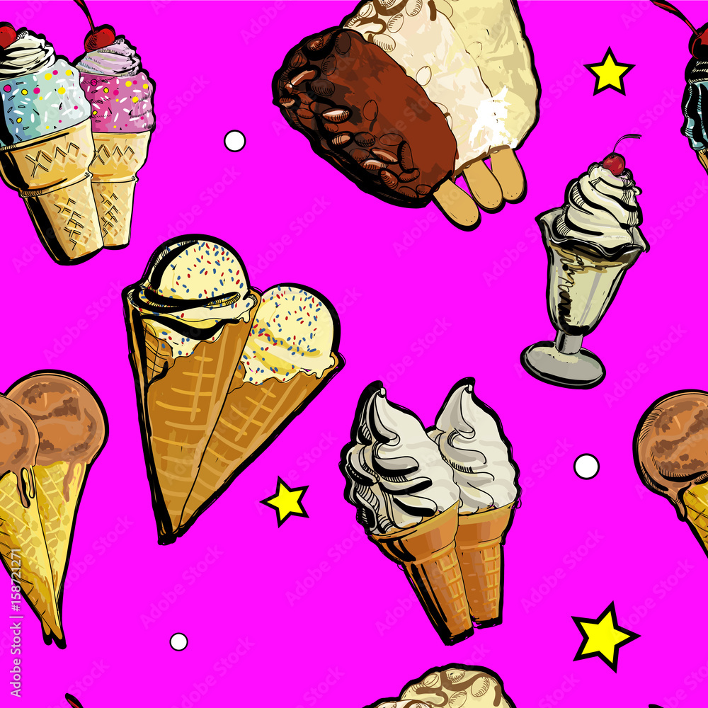 illustration of Seamless pattern ice creame tasty. Hand drawn, doodle decorative sticks. Paper background for children festival.