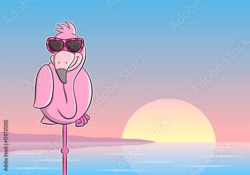 Cartoon Flamingo mit Sonnenbrille vor Sonnenuntergang