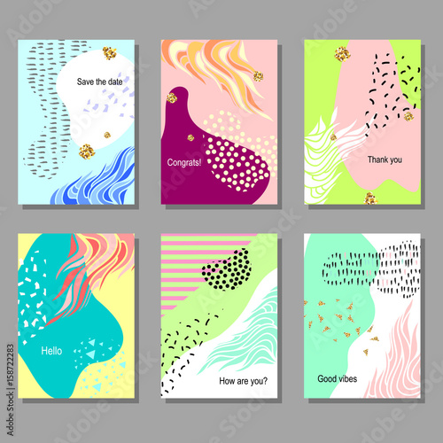 Set of artistic colorful universal cards. Wedding, anniversary, birthday, holiday, party. Design for poster, card, invitation. Vector illustration