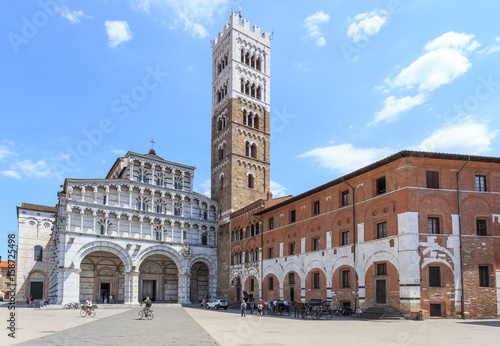 Romanesque Facade and bell tower of St. Martin Cathedral in Lucca, Tuscany