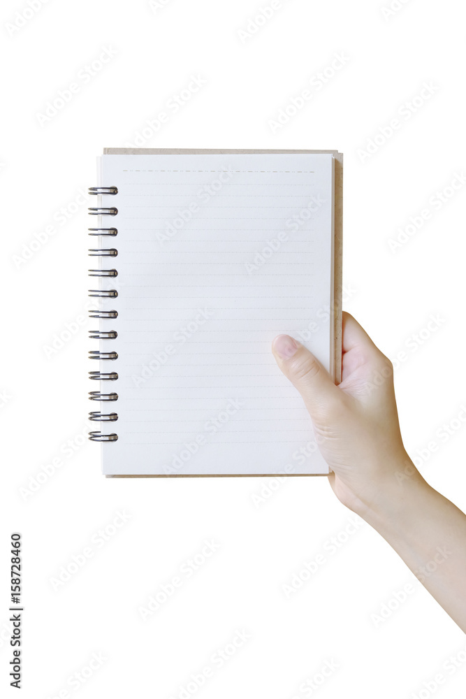 Hand holding notebook on white background Hand holding notebook on white background