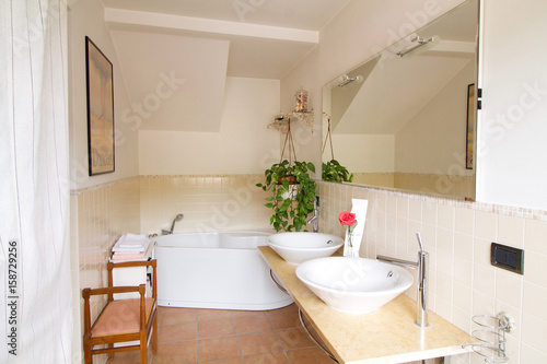 bathroom with bathub and couple of washbasins in country house