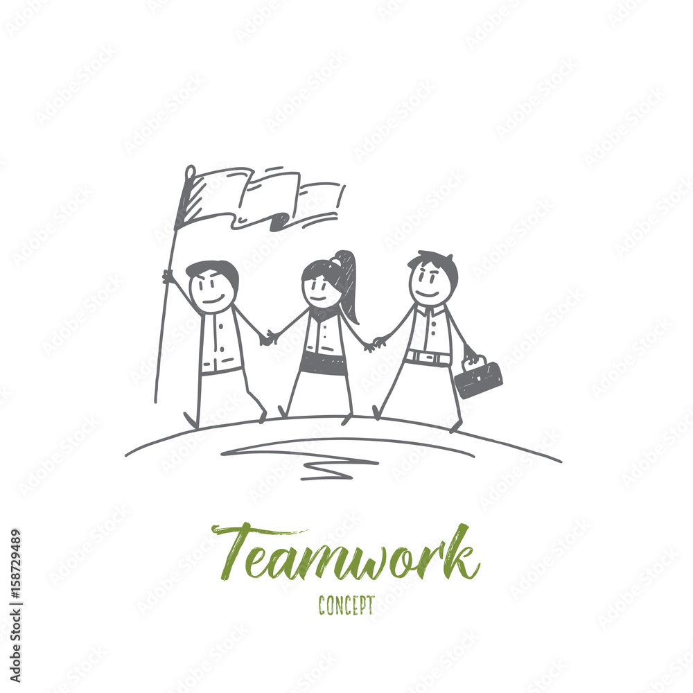 Vector hand drawn teamwork concept sketch with group of three people going forward with flag and holding their hands