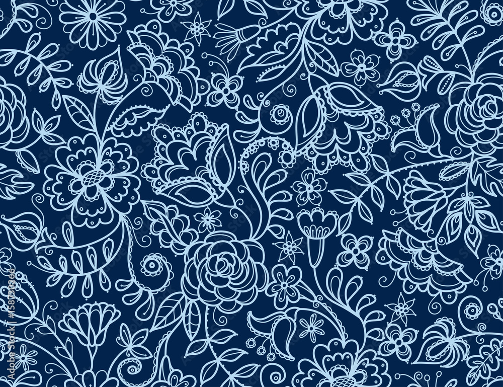 Fabulous flowers on dark blue background. Seamless vector pattern with abstract wildflowers and berries. Texture for fabric, wrapping paper, wallpaper, etc.