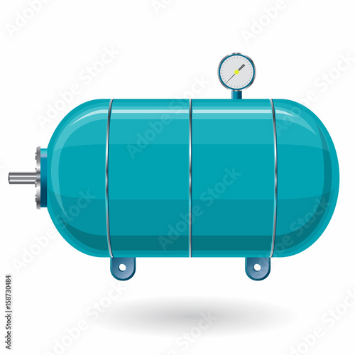 Blue pressure vessel for water, gas, air. Pressure tank for storage of material, water. Valves, measuring unit, handles. Flatten icon illustration.