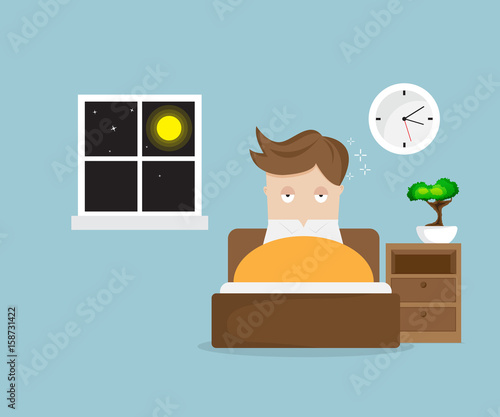 sleepless man cartoon character on bed in night