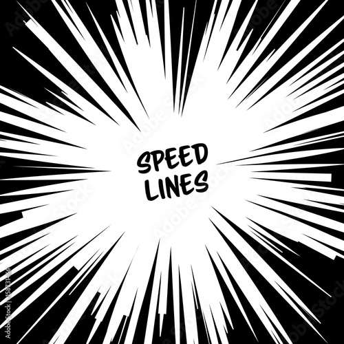 Manga Speed Lines Vector. Grunge Ray Illustration. Black And White. Space For Text. Comic Speed Radial Background