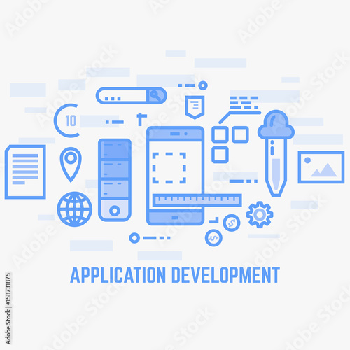 Application design or programming. Flat style line vector. Mobile phone with web designer tools. Color picker, photos, ruler, documents and elements. Thin line modern style. App development. © ikonstudio