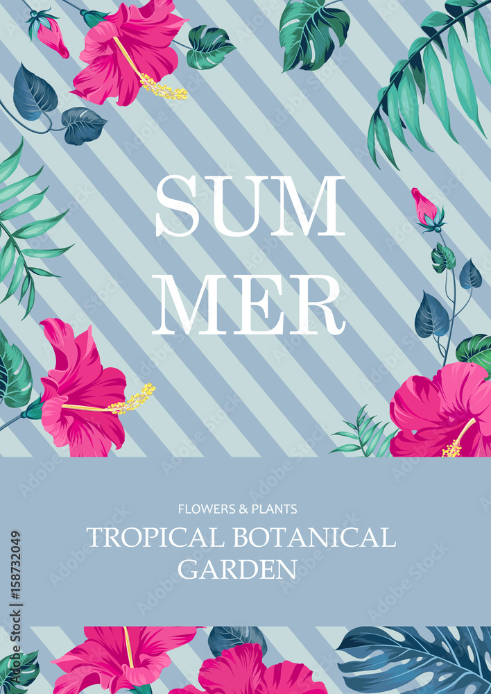 Summer time concept of card with blooming flowers isolated over blue background. Vector illustration.