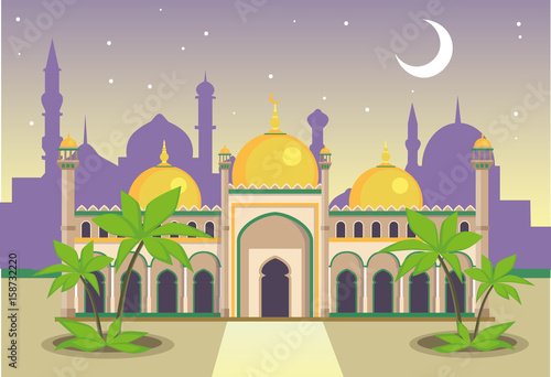 The building of the Islamic mosque against the background of the evening city. Vector illustration.