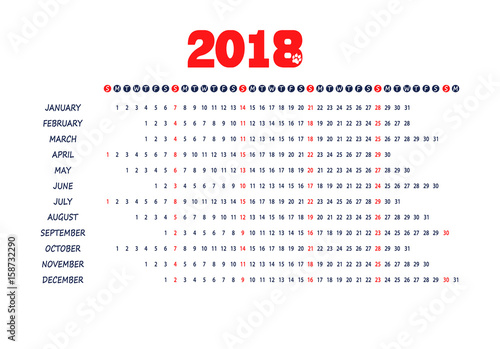 Calendar 2018 in a minimalist style. Template