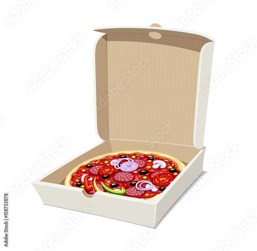 Pizza in box. Italian traditional food. Isolated white