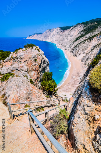 Famous Platia Ammos beach in Kefalonia island, Greece. The beach was affected by the earthquake in the spring of 2014 and it is very difficult to go down on the beach photo