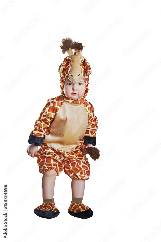 Small cute kid in amazing giraffe costume isolated on white Small cute kid in amazing giraffe costume isolated on white