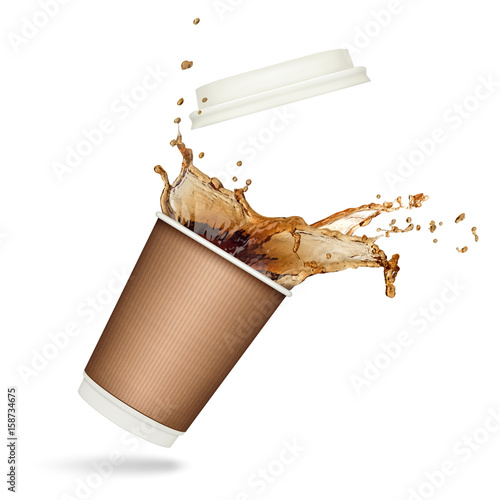 Coffee splash in paper cup isolated on white background
