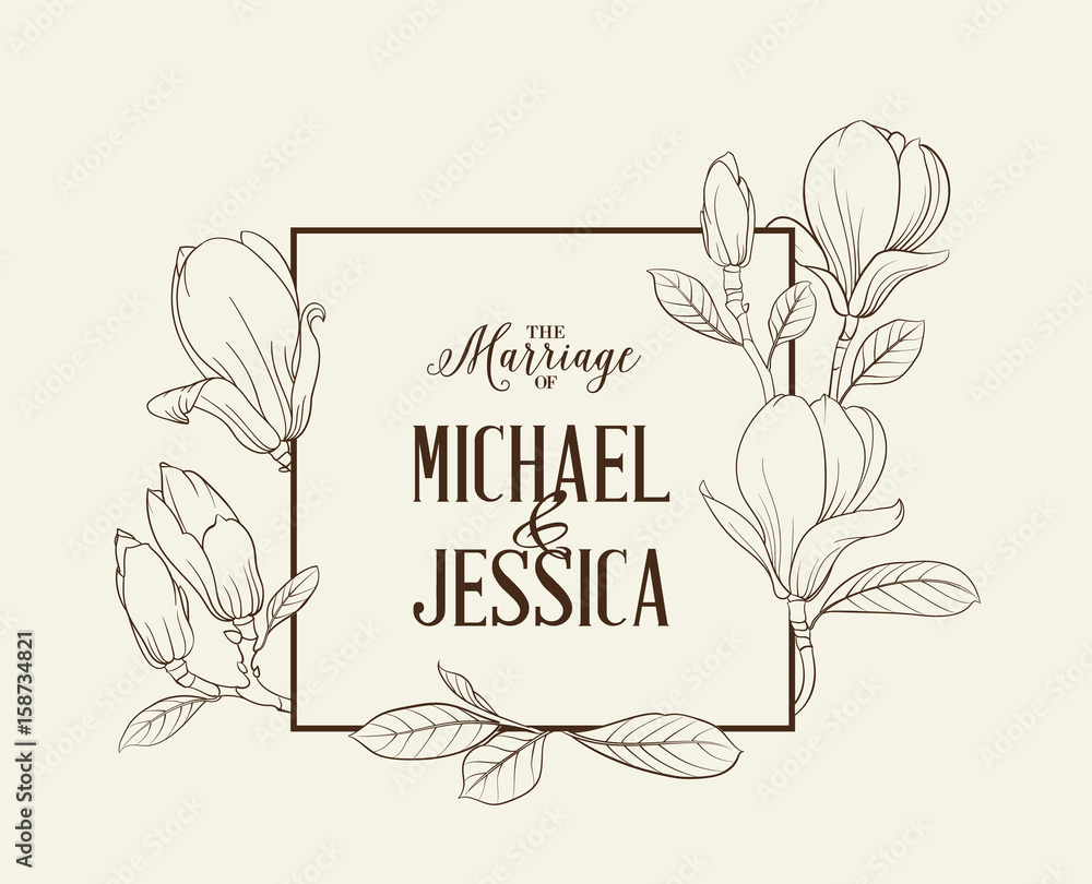 Fototapeta premium Marriage invitation card with custom sign and magnolia flower frame over white background. Vector illustration.