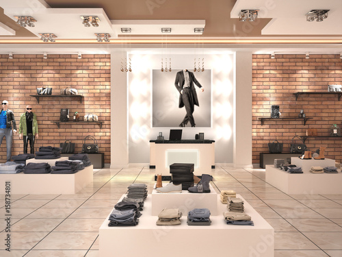Modern men's fashion store in the mall. 3d illustration