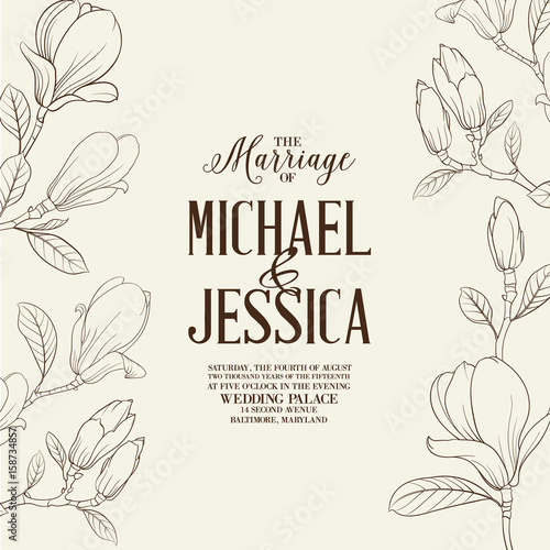 Marriage invitation card with custom sign and magnolia flower frame over white background. Vector illustration.