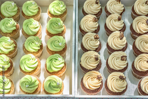 Cupcakes on a white table. Summer delicious desserts