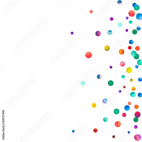 Sparse watercolor confetti on white background. Rainbow colored watercolor confetti scatter top gradient. Colorful hand painted illustration.