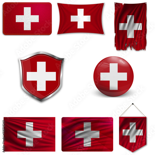 Set of the national flag of Switzerland in different designs on a white background. Realistic vector illustration.