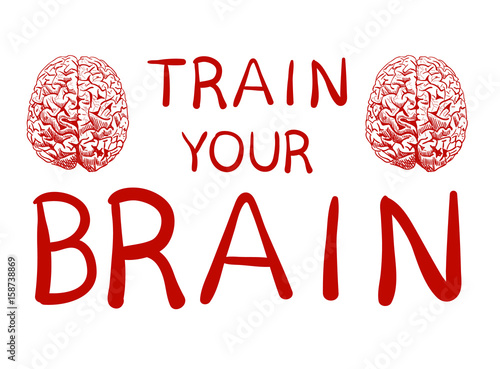'Train your brain' text with hand drawn brain sketch. VECTOR illustration, red handwritten letters.