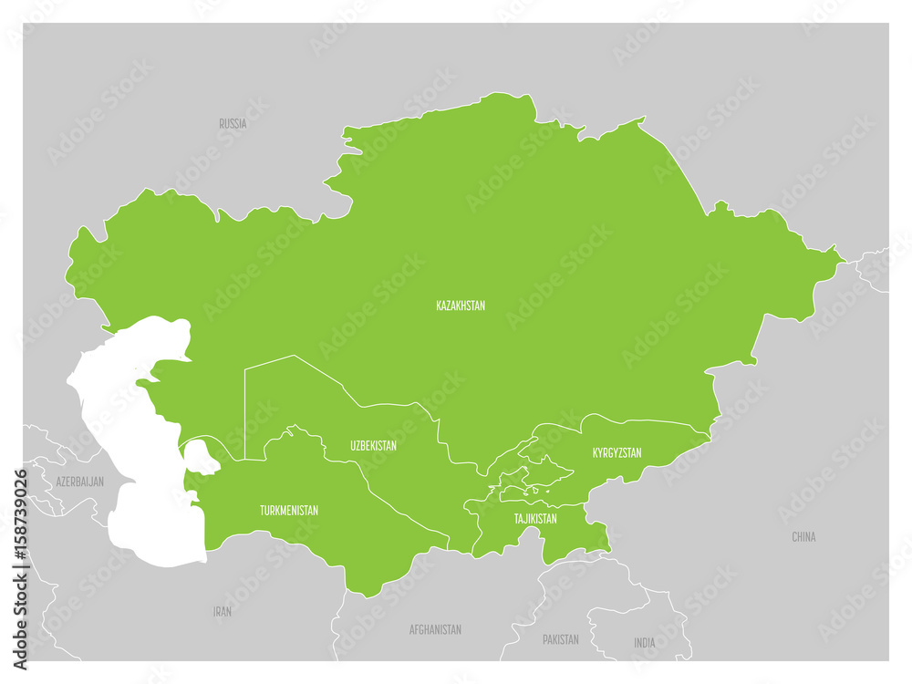 Map of Central Asia region with green highlighted Kazakhstan, Kyrgyzstan, Tajikistan, Turkmenistan and Uzbekistan. Flat grey map with country white borders.