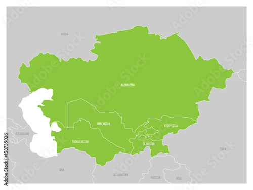 Map of Central Asia region with green highlighted Kazakhstan, Kyrgyzstan, Tajikistan, Turkmenistan and Uzbekistan. Flat grey map with country white borders.