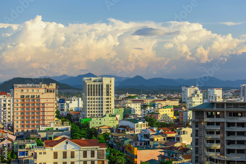 Traffic and buildings and crowded houses in Danang City, Hue City, Vietnam Taken from high angle down.