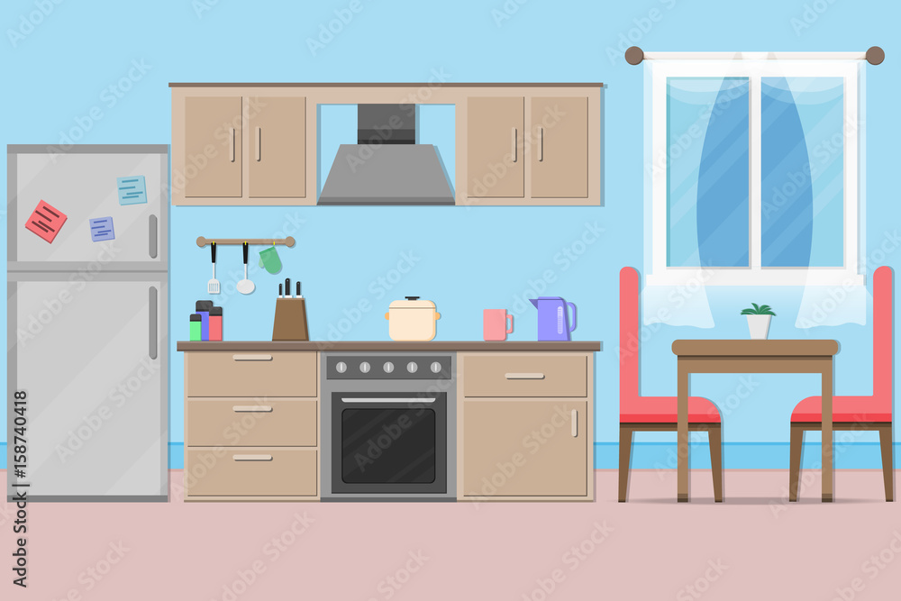 interior kitchen room design with kitchenware.vector and illustration interior kitchen room design with kitchenware.vector and illustration