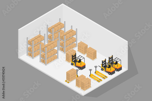 Logistics.3D Isometric inside warehouse with forklift and hand lift.Stacking on the shelf