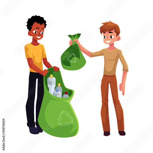 Two men collect plastic bottles into garbage bags, waste recycling concept, cartoon vector illustration isolated on white background. Adult men, black and Caucasian, collect plastic bottle garbage