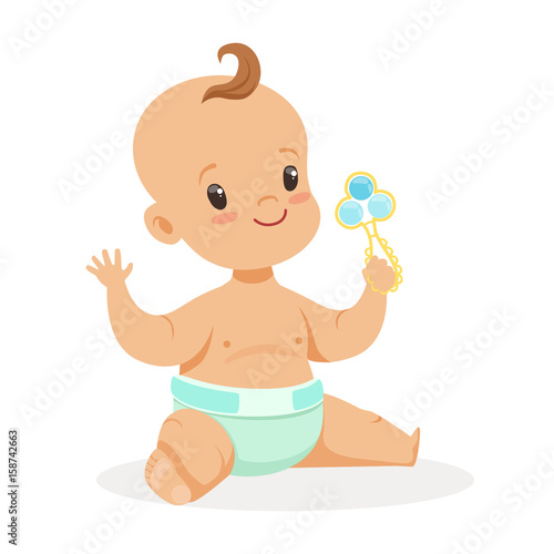 Sweet little baby sitting and playing with rattle, colorful cartoon character vector Illustration