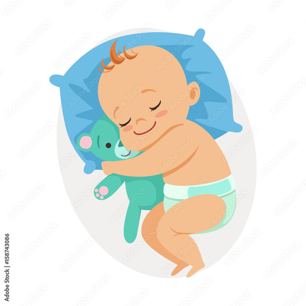 Sweet little baby sleeping in his bed and hugging teddy bear, colorful cartoon character vector Illustration