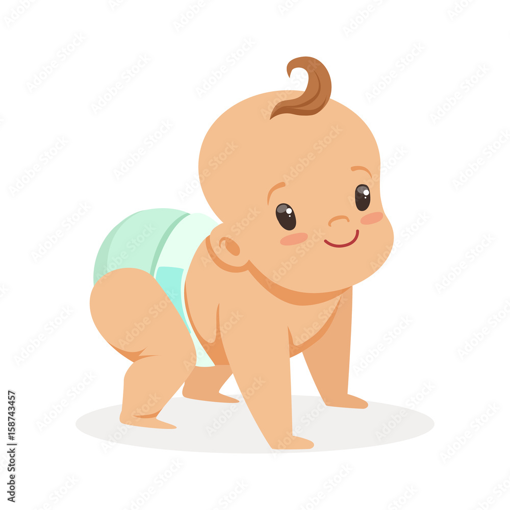 Cute crawling baby in a diaper looking up, colorful cartoon character vector Illustration