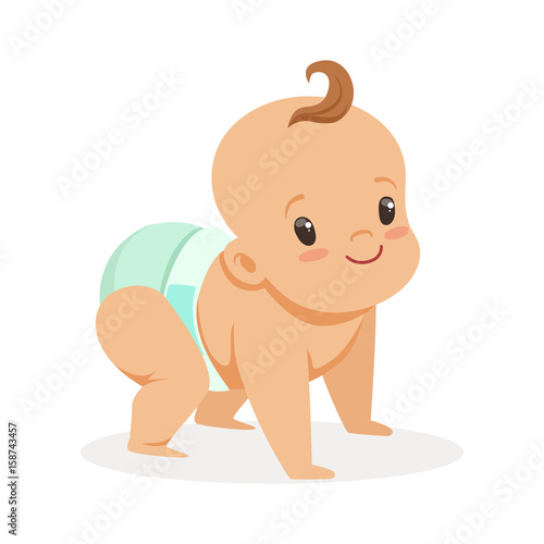 Cute crawling baby in a diaper looking up, colorful cartoon character vector Illustration