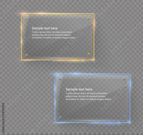 Vector glass modern banner set with shiny golden metallic frame on transparent background.