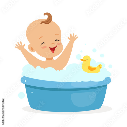 Happy baby taking a bath playing with foam bubbles and yellow duck, colorful cartoon character vector Illustration
