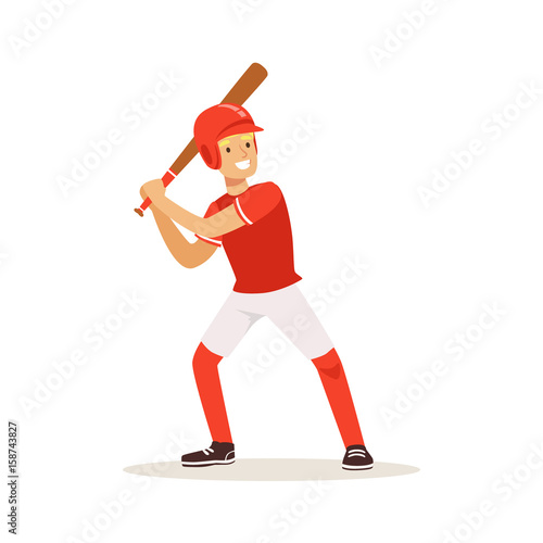 Baseball player in red uniform swinging with bat vector Illustration