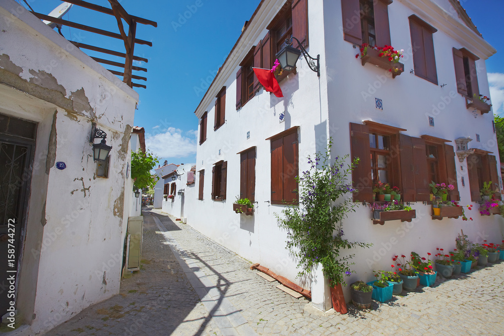 Fototapeta premium Cozy cute view of Mediterranean village touristic route sea side town