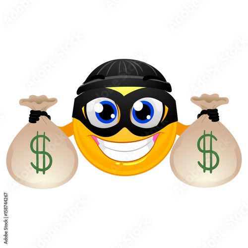 Vector Illustration of Smiley Emoticon Burglar holding Money Bag