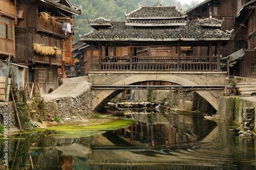 China, Zhaoxing - gorgeous Dong village is packed whit traditional wooden structures, several wind-and-rain bridges and remarkable drum towers, Guizhou province