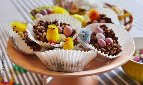 Handmade chocolate easter nests with bird decorations