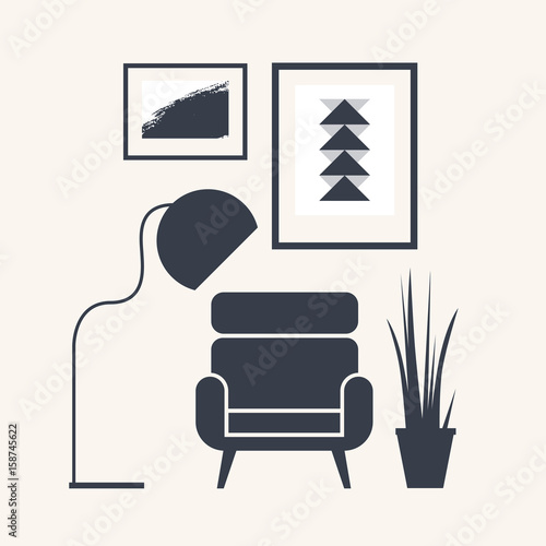 Furniture elements of interior design in Scandinavian style: paintings, lamp, chair, home flower. Isolated vector illustration.